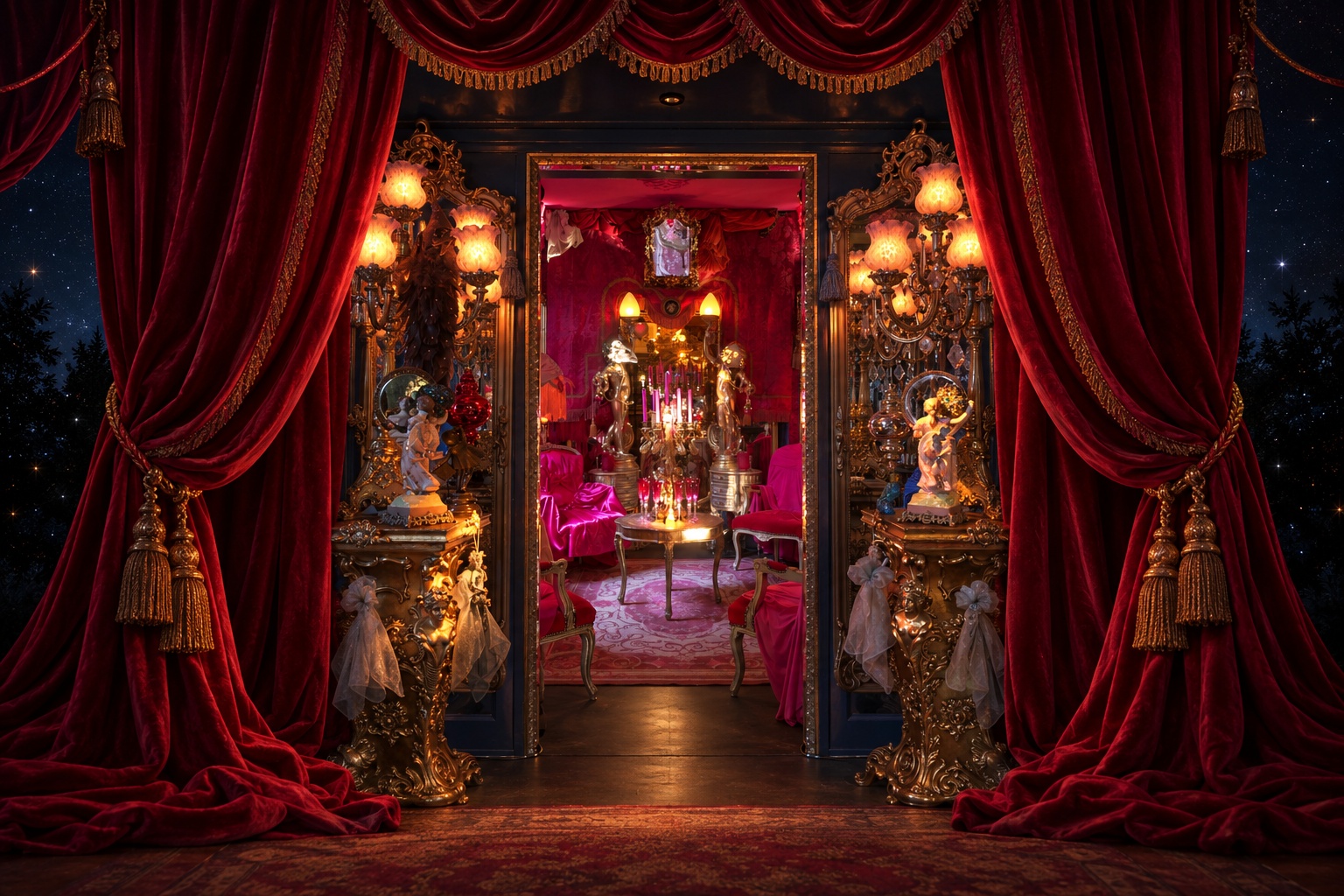 Een theatrale salon achter rode fluwelen gordijnen